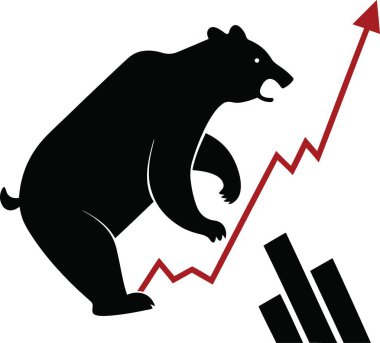 Siluetli bir ayı kırmızı yükselen bir grafiğe tırmanıyor ve yanında da çizelge çizelgesi var.