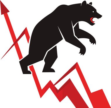 Bir siyah ayı silueti, alçalan grafik çizgileri olan yükselen kırmızı bir oka tırmanır.