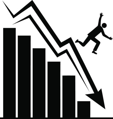Düşen çubuk grafiğinin yanında düşen bir rakam pazar çöküşünü veya başarısızlığı görsel olarak betimler