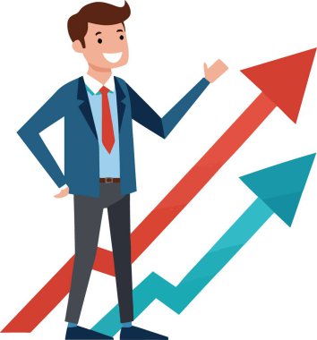 Başarılı iş adamı, büyümeyi ve ilerlemeyi sembolize eden, kendinden emin bir şekilde yükselen oklar arasında duruyor.