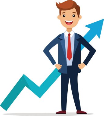 Başarılı bir iş adamı mavi okla gururla duruyor. Büyümeyi ve olumlu sonuçları temsil ediyor.