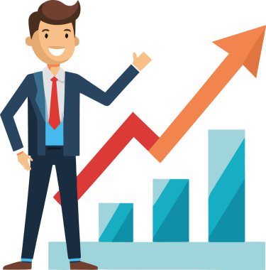 Gülümseyen bir işadamı, büyüyen bir finansal tablo sunarak, olumlu iş ilerlemelerini gösteriyor.