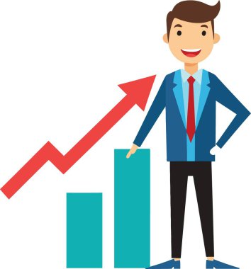 Bir işadamı, artan büyüme ve başarıyı gösteren grafiğe güvenle işaret ediyor