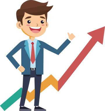 Neşeli bir işadamı, yükselen bir grafiğe işaret ediyor. Başarı ve pozitif büyümeyi simgeliyor.