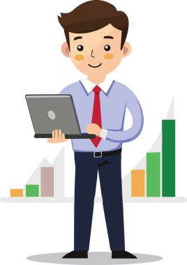 Genç profesyonel bir adam dizüstü bilgisayarında bilgi ve içgörü sunuyor.