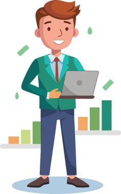 Elinde finansal büyüme grafikleri olan bir dizüstü bilgisayar tutan gülümseyen bir işadamı.