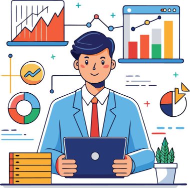 Dijital araçlar ve finansal grafiklerle veri ve eğilimleri analiz eden iş adamı