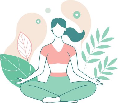 Yapraklar ve soyut şekillerle lotus pozisyonunda meditasyon yapan bir kadın.