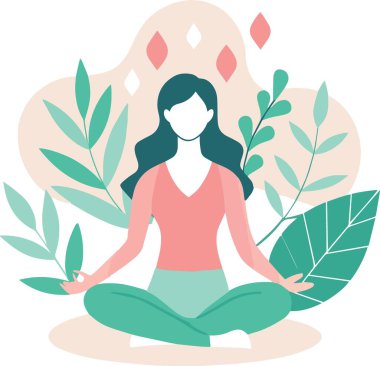 Kadın, yapraklar ve çiçeklerle huzurlu bir ortamda meditasyon yapıyor.