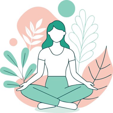 Bitkiler ve pastel renklerle huzurlu bir ortamda meditasyon yapan bir kadın.