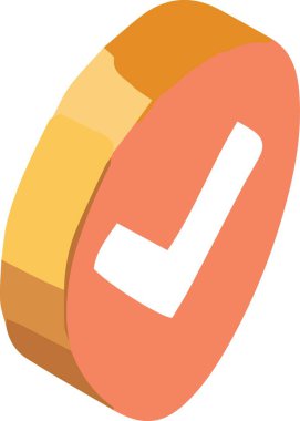 Beyaz arkaplanda izole edilmiş altın bir silindir üzerindeki 3 boyutlu turuncu kontrol işareti