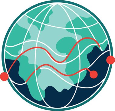 Üzerinde kırmızı bir çizgi ve beyaz arkaplanda izole edilmiş noktalar olan bir kürenin stilize edilmiş bir çizimi