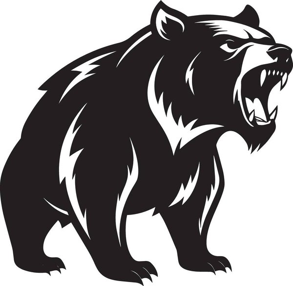 Aggressive bear illustration features a snarling stance and sharp prominent teeth