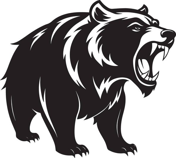 A fierce black and white illustration of a roaring bear with visible teeth