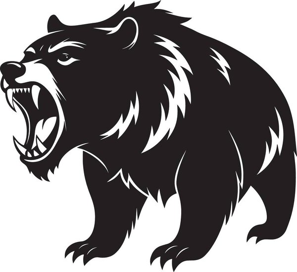 Ожесточенный черный медведь ревет с открытым ртом и острыми зубами