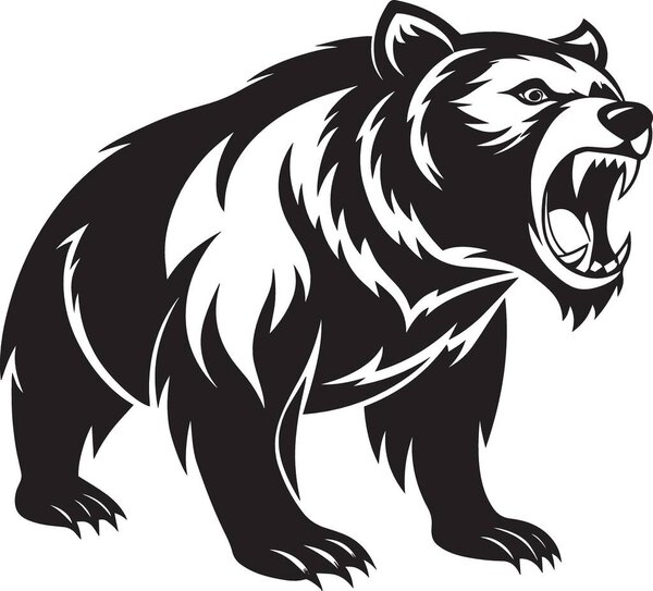 A fierce black and white illustration of a roaring grizzly bear in a dynamic pose