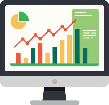 Beyaz zemin üzerinde kırmızı, yeşil ve sarı elementler bulunan canlı bir çubuk grafiği ve grafiğini gösteren bir bilgisayar monitörünün ayrıntılı çizimi