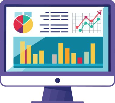 Modern, stilize edilmiş bir gösterimde çeşitli renkli grafikleri, grafikleri ve veri görsellerini gösteren bir bilgisayar monitörünün ayrıntılı çizimi
