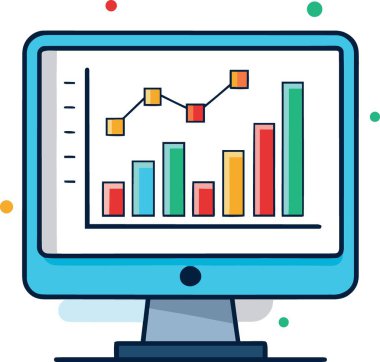 Kırmızı, yeşil ve mavi çubuklu bir çubuk grafik ve çizgi grafiğini gösteren bir bilgisayar monitörünün canlı çizimi ve renkli kareli bir çizgi grafiği