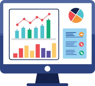 Açık beyaz arkaplan ve mavi aksanlı çoklu çubuk grafikler, turta grafikleri ve canlı renklerde veri raporlarını gösteren bir bilgisayar monitörünün ayrıntılı çizimi