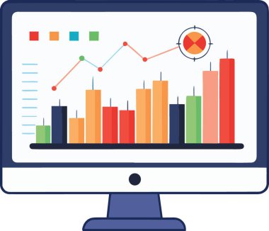 Çeşitli renklerde canlı bir çubuk grafik ve pasta grafiği ve büyüteç simgesi gösteren bir bilgisayar monitörünün ayrıntılı çizimi