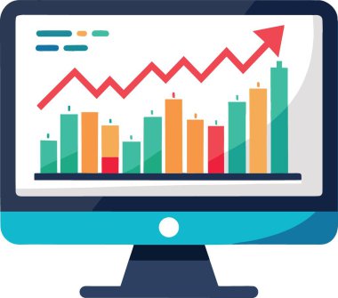 Kırmızı, turuncu ve yeşil çubuklu canlı bir çubuk grafiği ve beyaz arkaplanda yükselen eğilimli bir oku gösteren bir bilgisayar monitörünün ayrıntılı çizimi