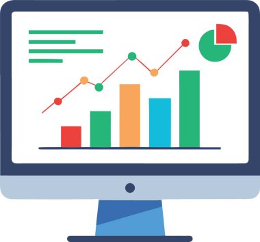 Değişik renkler ve yukarı doğru giden bir çizgi grafiği ile bir çubuk grafik ve pasta grafiği gösteren bir bilgisayar monitörünün canlı çizimi