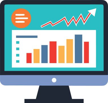 Yükselen bir eğilim çizgisi ve simge eşliğinde kırmızı, mavi ve sarı çubuklu bir çubuk grafik ve grafiğini gösteren bir bilgisayar monitörünün canlı grafik çizimi