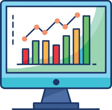 Beyaz arkaplan üzerinde turuncu, yeşil ve sarı çubuklar bulunan canlı bir çubuk grafiği ve çizgi grafiğini gösteren bir bilgisayar ekranının ayrıntılı çizimi