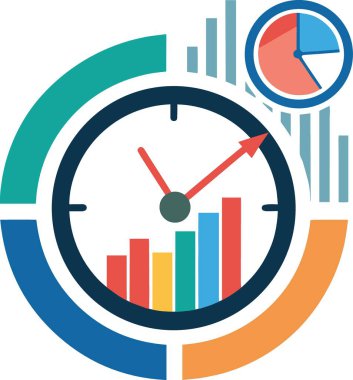 Bir çubuk grafiği ve içinde kırmızı, mavi, yeşil ve turuncu gibi canlı renkler barındıran ayrı bir pasta grafiği olan stilize edilmiş bir saat yüzü.