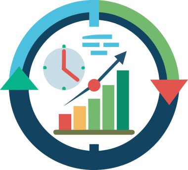 Beyaz arkaplanda mavi, yeşil ve kırmızı tonlarda saat, yükselen bar çizelgesi ve oklar bulunan biçimlendirilmiş dairesel bir grafik.