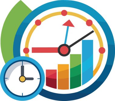 Renk ve geometrik şekillerin bir karışımını gösteren, grafik çubukları ve daha küçük bir giriş saati ile büyük bir saat yüzü içeren canlı bir illüstrasyon