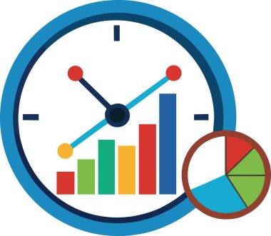 Mavi çerçeveli bir saat canlı bir çubuk grafiği ve pasta grafiğini gösterir, modern bir şekilde çeşitli renkler ve veri görselleştirme ögelerini gösterir