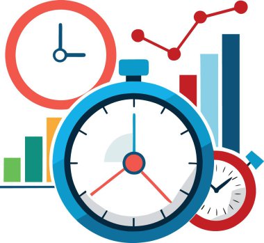 Kırmızı, mavi ve yeşil renkli kronometre ve grafiklerin yer aldığı canlı bir illüstrasyon, kalın renkler ve temiz çizgilerle dinamik bir kompozisyon sergiliyor.