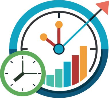 Beyaz zemin üzerinde dairesel çerçeveler ve canlı renkler ile çevrili, çok renkli çubuk grafik ve ok ile bir saat yüzü ayrıntılı illüstrasyon