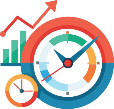 Çok renkli bölümleri olan büyük bir saat, daha küçük bir saat ve kırmızı oklu yükselen bir grafik içeren canlı bir illüstrasyon