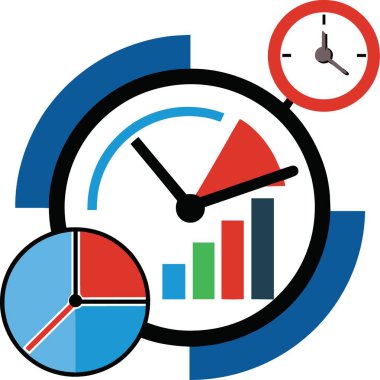 Renkli çizelge ve grafiklere sahip bir saatin detaylı illüstrasyonunda, modern tarzda kırmızı, mavi, yeşil ve siyah elementlerin bir karışımı yer alıyor.