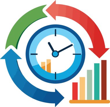 Renkli oklar ve çubuk grafiklerle çevrili bir saatin ayrıntılı çizimi, temiz beyaz arka plandaki zaman yönetimi ve verimliliği simgeliyor