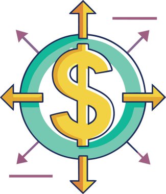 Beyaz zemin üzerinde farklı yönleri gösteren dört turuncu okla çevrili büyük bir sarı dolar işareti bir gök mavisi çemberinin içinde merkezlenmiştir.