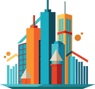 Renkli binalar, grafikler ve geometrik şekillerin modern, soyut, koyu renkler ve temiz çizgilerle sunulduğu bir şehir manzarasının stilize edilmişi.