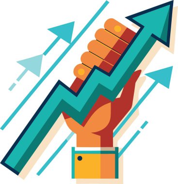 Yükselen bir grafik okunu kavrayan bir elin canlı çizimi, daha küçük oklarla çevrelenmiş, beyaz arkaplan üzerinde yeşil, turuncu ve kırmızı tonlarda.