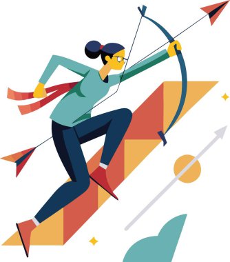Elinde ok ve yay tutan, turuncu ve kırmızı tonlarda geometrik şekiller ve soyut elementlerle çevrili hareketli bir kadının canlandırması.