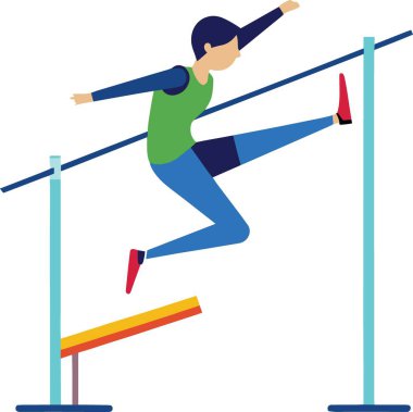 Paralel barlarda engelleri aşan, yeşil tişört ve mavi pantolon giyen dinamik hareketli ve parlak renkli bir kadının canlı bir çizimi.