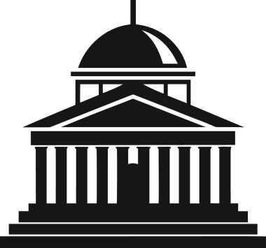 Sütunları ve kubbesi beyaz arkaplanda izole edilmiş neoklasik bir binanın siyah silueti