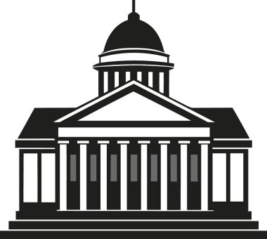 Beyaz arka planda izole edilmiş klasik bir hükümet binasının siyah beyaz çizimi