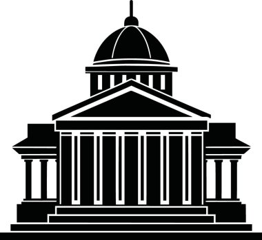 Sütunları ve beyaz arka planda izole edilmiş kubbesi olan neoklasik bir binanın siyah ve beyaz çizimi