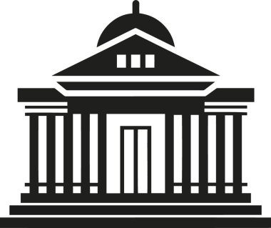 Beyaz arkaplanda izole edilmiş klasik bir binanın basit siyah beyaz çizimi