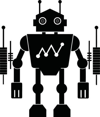 Beyaz arkaplanda anten ve aygıtlarla izole edilmiş siyah robot karakter