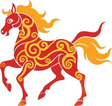 Canlı kırmızı ve turuncu renkli bir at çizimi. Karmaşık girdap şekilleri ve dinamik enerjik bir duruş içeriyor.