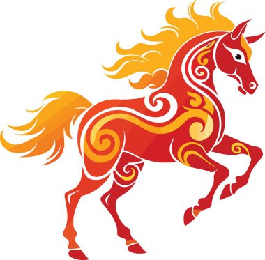 Renkli turuncu alevleri ve kıvrımlı kıvrımları ve dalgalı yelesi olan stilize edilmiş kırmızı at çizimi.